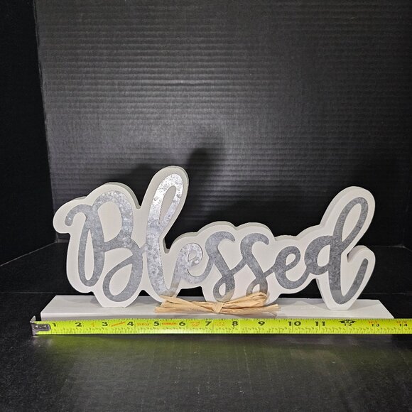 Hobby Lobby White Wood and Galvanized Blessed Script Lettering Tabletop Sign Wit - Picture 6 of 8